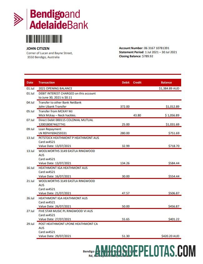 Exemplo de extrato bancário da Austrália Bendigo e Adelaide Bank